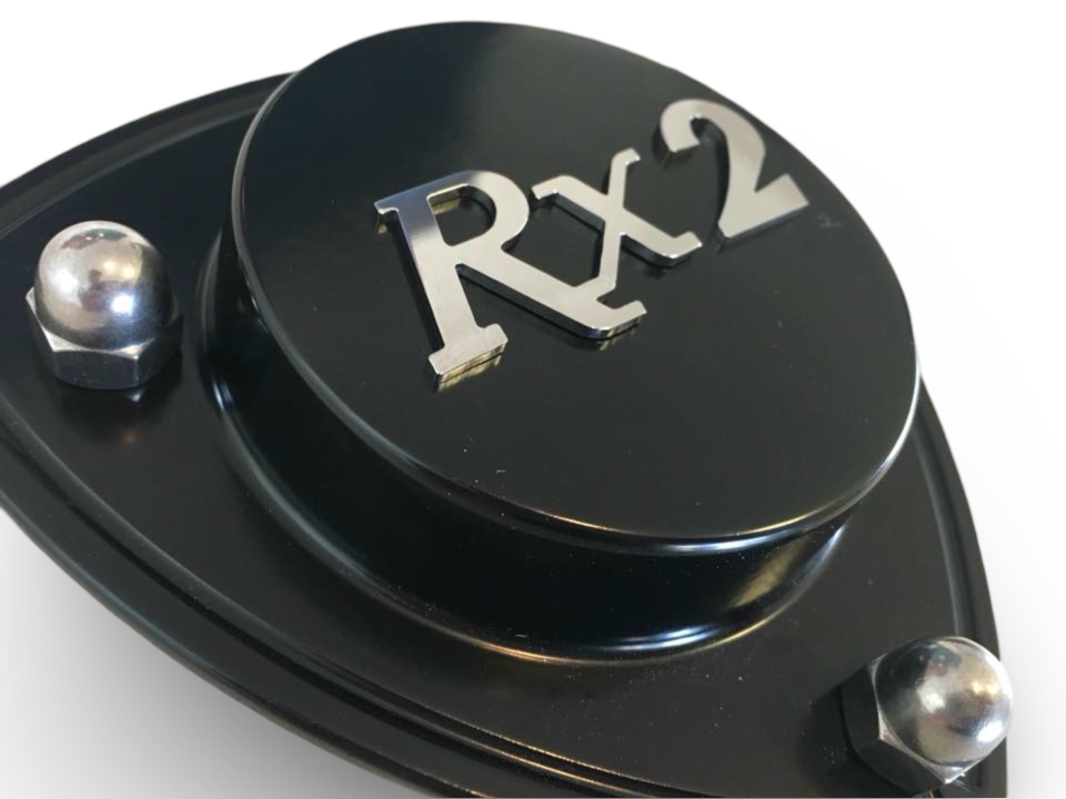 Black billet Alloy Rx2 Strut Top with Raised Rx2 polished