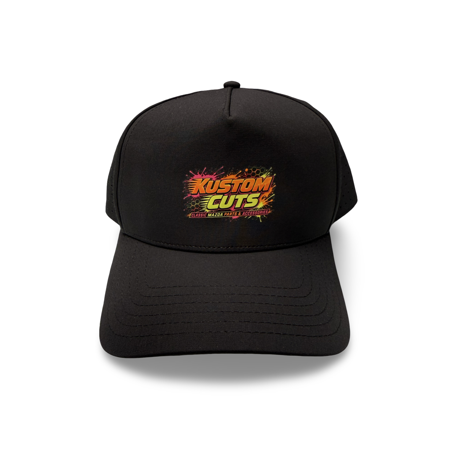Kustom Cuts - Black Mesh Hat - Retro Fluro logo